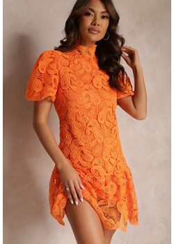 Pomarańczowa Sukienka z Koronkowym Haftem Paisley i Bufiastymi Rękawami Briena ze sklepu Renee odzież w kategorii Sukienki - zdjęcie 157110616
