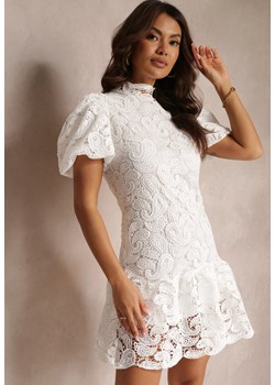 Biała Sukienka z Koronkowym Haftem Paisley i Bufiastymi Rękawami Briena ze sklepu Renee odzież w kategorii Sukienki - zdjęcie 157110626