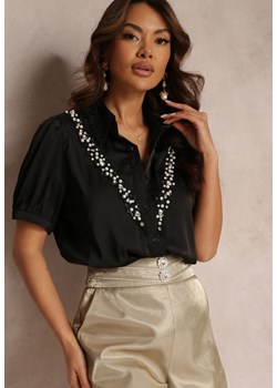 Czarna Koszula z Krótkim Rękawem z Koronką i Cyrkoniami Keysha ze sklepu Renee odzież w kategorii Koszule damskie - zdjęcie 157110826