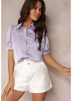 Fioletowa Koszula z Krótkim Rękawem z Koronką i Cyrkoniami Keysha ze sklepu Renee odzież w kategorii Koszule damskie - zdjęcie 157110836