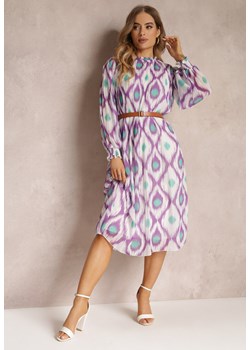 Fioletowa Sukienka Ozdobiona Wzorem i Plisowaniem z Paskiem w Komplecie Bertina ze sklepu Renee odzież w kategorii Sukienki - zdjęcie 157110856