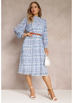 Niebieska Sukienka w Etno Wzór z Paskiem i Plisowaniem Dorisia ze sklepu Renee odzież w kategorii Sukienki - zdjęcie 157110906