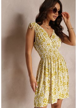 Żółta Kwiecista Sukienka Mini z Gumkami w Talii i Ściągaczem na Ramionach Tanta ze sklepu Renee odzież w kategorii Sukienki - zdjęcie 157111346
