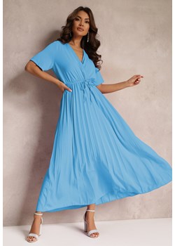 Niebieska Rozkloszowana Sukienka Plisowana z Wiązanym Paskiem Eilemona ze sklepu Renee odzież w kategorii Sukienki - zdjęcie 157111396