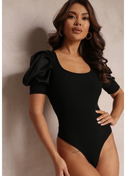Czarne Prążkowane Body z Bufiastymi Krótkimi Rękawami Mekene ze sklepu Renee odzież w kategorii Bluzki damskie - zdjęcie 157111507