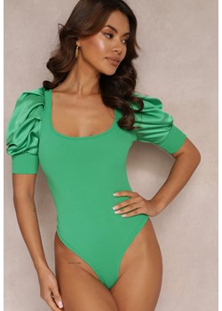 Zielone Prążkowane Body z Bufiastymi Krótkimi Rękawami Mekene ze sklepu Renee odzież w kategorii Bluzki damskie - zdjęcie 157111516