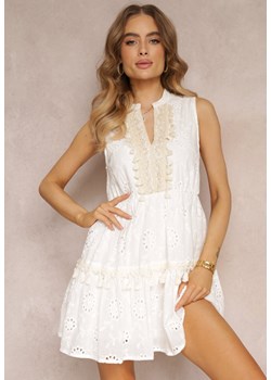 Biała Sukienka z Gumką w Talii z Haftem i Cekinami Inetake ze sklepu Renee odzież w kategorii Sukienki - zdjęcie 157111628