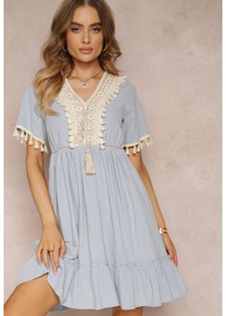 Niebieska Sukienka Mini z Gumką w Talii i Ozdobną Taśmą z Cekiniami Ofelifia ze sklepu Renee odzież w kategorii Sukienki - zdjęcie 157111688