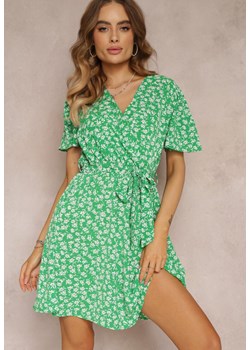 Zielona Sukienka Mini w Kwiatki z Gumką w Pasie Irarria ze sklepu Renee odzież w kategorii Sukienki - zdjęcie 157111828