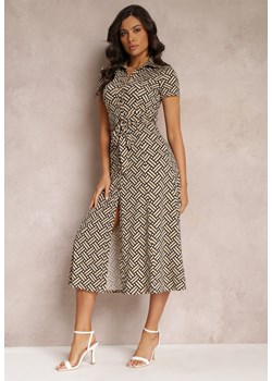 Beżowa Geometryczna Sukienka Midi z Kołnierzem i Paskiem z Materiału Mehisi ze sklepu Renee odzież w kategorii Sukienki - zdjęcie 157111918