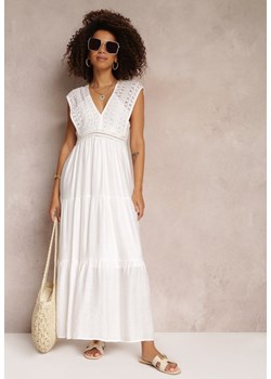 Biała Szydełkowa Sukienka Maxi z Głębokim Dekoltem i Falbanką na Dole Annama ze sklepu Renee odzież w kategorii Sukienki - zdjęcie 157112038