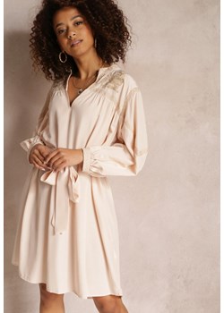 Beżowa Pudełkowa Sukienka Mini z Wiązanym Paskiem i Haftem Eudas ze sklepu Renee odzież w kategorii Sukienki - zdjęcie 157112058