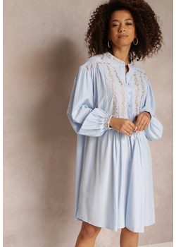 Niebieska Haftowana Sukienka Midi o Pudełkowym Fasonie z Długim Rękawem Rosen ze sklepu Renee odzież w kategorii Sukienki - zdjęcie 157112078
