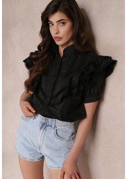 Czarna Koronkowa Koszula z Krótkim Rękawem i Falbankami z Przodu Audrea ze sklepu Renee odzież w kategorii Koszule damskie - zdjęcie 157112857