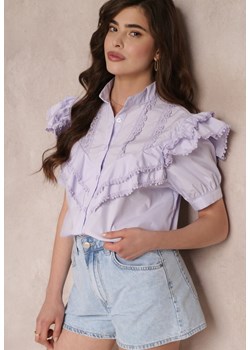 Fioletowa Koronkowa Koszula z Krótkim Rękawem i Falbankami z Przodu Audrea ze sklepu Renee odzież w kategorii Koszule damskie - zdjęcie 157112867