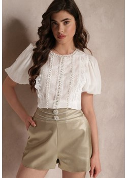 Biała Koronkowa Bluzka z Falbankami i Perełkami Gazal ze sklepu Renee odzież w kategorii Bluzki damskie - zdjęcie 157112947