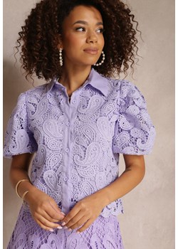 Fioletowa Koszula Koronkowa z Krótkim i Bufiastym Rękawem Elinie ze sklepu Renee odzież w kategorii Koszule damskie - zdjęcie 157112967