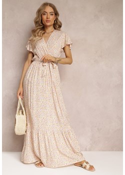 Biało-Żółta Sukienka z Gumką w Talii i Wiązaniem z Wiskozy Daisyma ze sklepu Renee odzież w kategorii Sukienki - zdjęcie 157113067