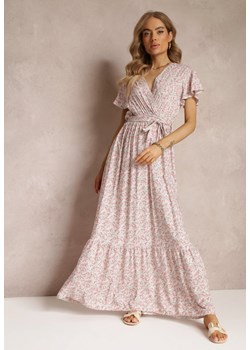 Jasnoróżowa Sukienka z Gumką w Talii i Wiązaniem z Wiskozy Daisyma ze sklepu Renee odzież w kategorii Sukienki - zdjęcie 157113077