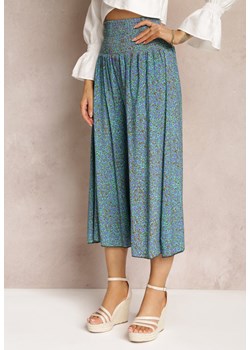Zielono-Niebieskie Bawełniane Spodnie z Szerokimi Nogawkami 7/8 w Kwiatki Aliany ze sklepu Renee odzież w kategorii Spodnie damskie - zdjęcie 157113309