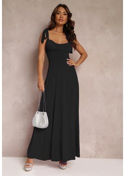 Czarna Długa Sukienka z Marszczonym Dekoltem i Wiązanymi Ramiączkami Rozvita ze sklepu Renee odzież w kategorii Sukienki - zdjęcie 157113686