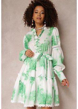 Zielona Rozkloszowana Sukienka Mini z Gumką w Talii i Kokardkami Leenona ze sklepu Renee odzież w kategorii Sukienki - zdjęcie 157113766