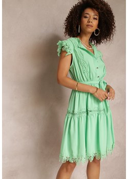 Zielona Sukienka Rozkloszowana z Wiązanym Paskiem i Koronką Oninka ze sklepu Renee odzież w kategorii Sukienki - zdjęcie 157113776
