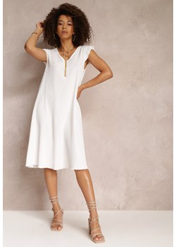 Biała Sukienka Midi Trapezowa z Materiału z Ozdobnym Tłoczeniem Emlia ze sklepu Renee odzież w kategorii Sukienki - zdjęcie 157114085