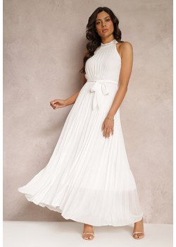 Biała Sukienka Maxi bez Rękawów z Gumką w Talii z Plisowanej Tkaniny Pesstia ze sklepu Renee odzież w kategorii Sukienki - zdjęcie 157114136