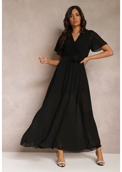 Czarna Plisowana Sukienka z Kopertowym Dekoltem i Gumką w Talii Dimitris ze sklepu Renee odzież w kategorii Sukienki - zdjęcie 157114156