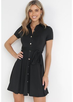 Czarna Koszulowa Sukienka Mini z Guzikami i Materiałowym Paskiem Idophira ze sklepu Born2be Odzież w kategorii Sukienki - zdjęcie 157115895