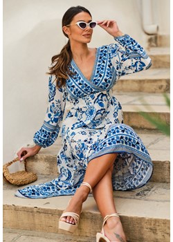 Niebieska Sukienka Maxi z Kopertowym Dekoltem i Gumkami w Pasie Nerene ze sklepu Renee odzież w kategorii Sukienki - zdjęcie 157116335