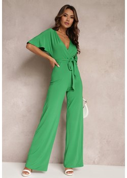 Zielony Długi Kombinezon z Wiązaniem i Głębokim Kopertowym Dekoltem Sumya ze sklepu Renee odzież w kategorii Kombinezony damskie - zdjęcie 157116368