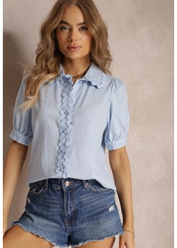 Jasnoniebieska Koszula z Bawełny z Ozdobną Taśmą z Falbanką Susansi ze sklepu Renee odzież w kategorii Koszule damskie - zdjęcie 157119809
