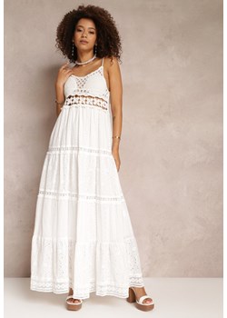 Biała Szydełkowa Sukienka Maxi z Ozdobnym Haftem i Falbanką Eshade ze sklepu Renee odzież w kategorii Sukienki - zdjęcie 157119869