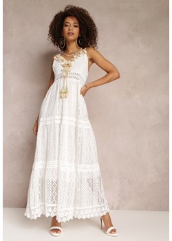 Biała Koronkowa Sukienka Maxi z Ozdobnym Dekoltem na Cienkich Ramiączkach Suana ze sklepu Renee odzież w kategorii Sukienki - zdjęcie 157119879