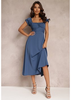 Granatowa Sukienka z Ozdobnym Wiązaniem i Bufiastymi Rękawami Perolis ze sklepu Renee odzież w kategorii Sukienki - zdjęcie 157143819