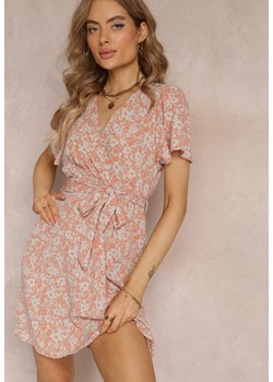 Pomarańczowa Sukienka z Kopertowym Dekoltem w Kwiaty z Gumką i Paskiem w Talii Arlettie ze sklepu Renee odzież w kategorii Sukienki - zdjęcie 157157648
