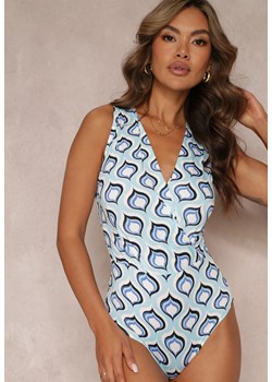 Niebieskie Body z Głębokim Kopertowym Dekoltem i Geometrycznym Wzorem Caliana ze sklepu Renee odzież w kategorii Bluzki damskie - zdjęcie 157229717