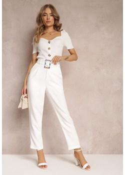 Białe Spodnie Cygaretki z Wysokim Stanem i Materiałowym Paskiem z Cyrkoniami Marintta ze sklepu Renee odzież w kategorii Spodnie damskie - zdjęcie 157229827