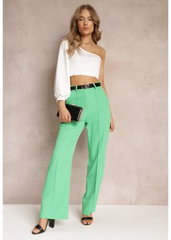 Zielone Szerokie Spodnie z Wysokim Stanem i Paskiem z Ozdobną Klamrą Lilura ze sklepu Renee odzież w kategorii Spodnie damskie - zdjęcie 157229965