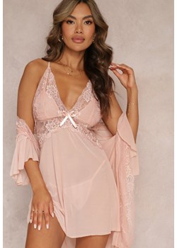 Różowy 3-częściowy Komplet Koszula Nocna Szlafrok i Stringi Katalea ze sklepu Renee odzież w kategorii Koszule nocne - zdjęcie 157230025