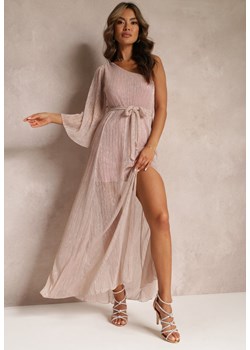 Ciemnoróżowa Asymetryczna Sukienka Maxi z Gumką i Wiązanym Paskiem w Talii Saminta ze sklepu Renee odzież w kategorii Sukienki - zdjęcie 157230047