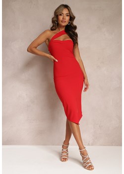 Czerwona Koktajlowa Sukienka Midi na Jedno Ramię z Rozcięciem Acatana ze sklepu Renee odzież w kategorii Sukienki - zdjęcie 157230168