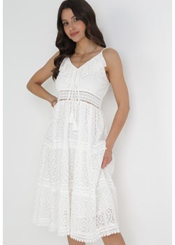 Biała Sukienka Midi na Ramiączkach z Falbankami z Koronkowej Tkaniny Cillaia ze sklepu Born2be Odzież w kategorii Sukienki - zdjęcie 157230619