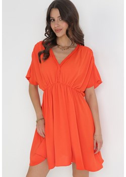 Pomarańczowa Rozkloszowana Sukienka Mini z Gumką w Pasie i Marszczeniami Enzlie ze sklepu Born2be Odzież w kategorii Sukienki - zdjęcie 157230788