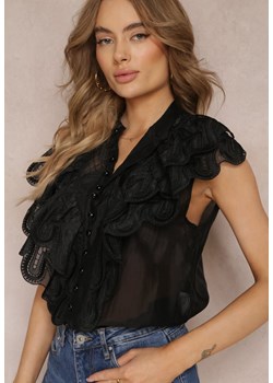 Czarna Koszula z Szerokimi Falbanami z Przodu i na Ramionach Clioni ze sklepu Renee odzież w kategorii Koszule damskie - zdjęcie 157233788