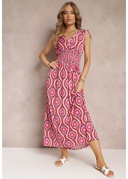 Różowa Rozkloszowana Sukienka z Wiskozy w Fantazyjny Print Karlene ze sklepu Renee odzież w kategorii Sukienki - zdjęcie 157234058