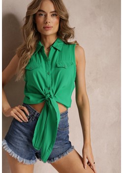 Zielona Wiskozowa Koszula Wiązana na Dole z Imitacją Kieszeni Desia ze sklepu Renee odzież w kategorii Koszule damskie - zdjęcie 157234108