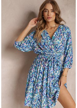 Niebieska Kopertowa Sukienka Midi z Wiązanym Paskiem i Metaliczną Nitką Armellia ze sklepu Renee odzież w kategorii Sukienki - zdjęcie 157234208